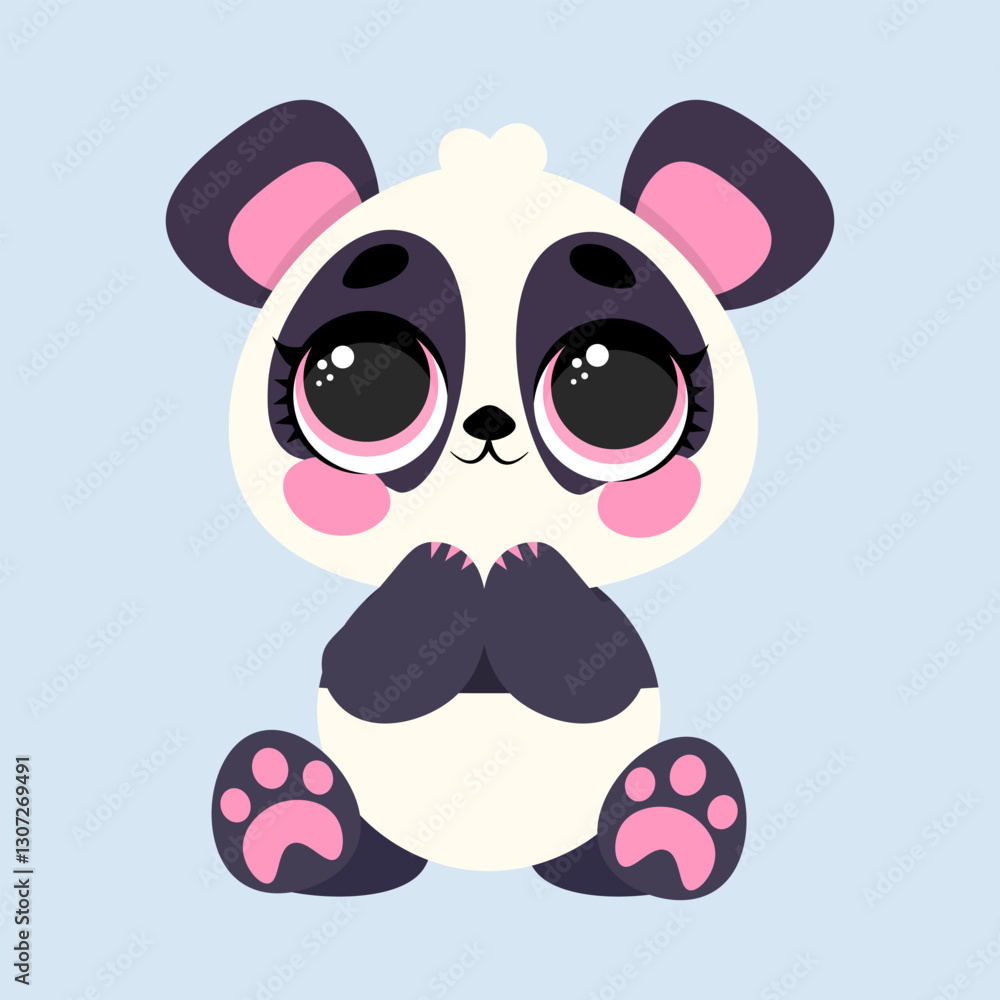 Fototapeta premium Adorable panda with big, shiny eyes expressing pure innocence and joy. Perfect for prints, stickers, greeting cards, and decor
