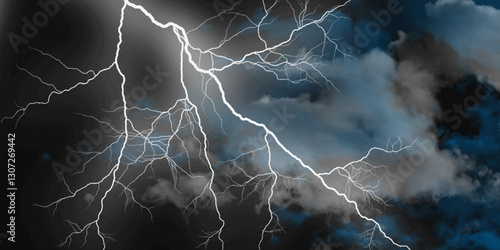 Lightning strikes in sky. Strong thunder storm in black clouds. Fork lightning striking down during summer storm. Marble texture, decorative dark stone. Blue neon.


