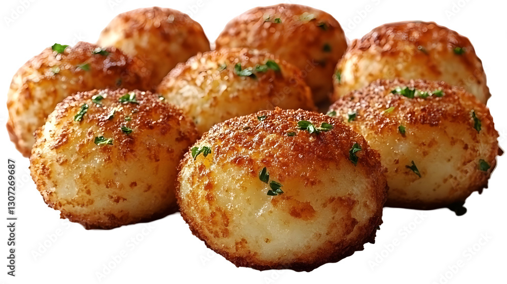 Crispy Fried Potato Balls Garnished with Parsley, Isolated on White Background Crispy Fried Potato Balls Garnished with Parsley, Isolated on White Background