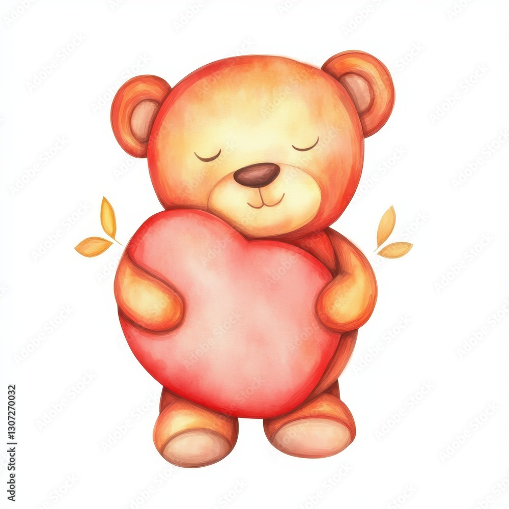 Naklejka premium Cozy teddy bear cuddling a fluffy pillow, bringing warmth and comfort to any child's room.