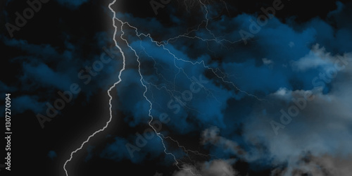 Lightning strikes in sky. Strong thunder storm in black clouds. Fork lightning striking down during summer storm. Marble texture, decorative dark stone. Blue neon.


