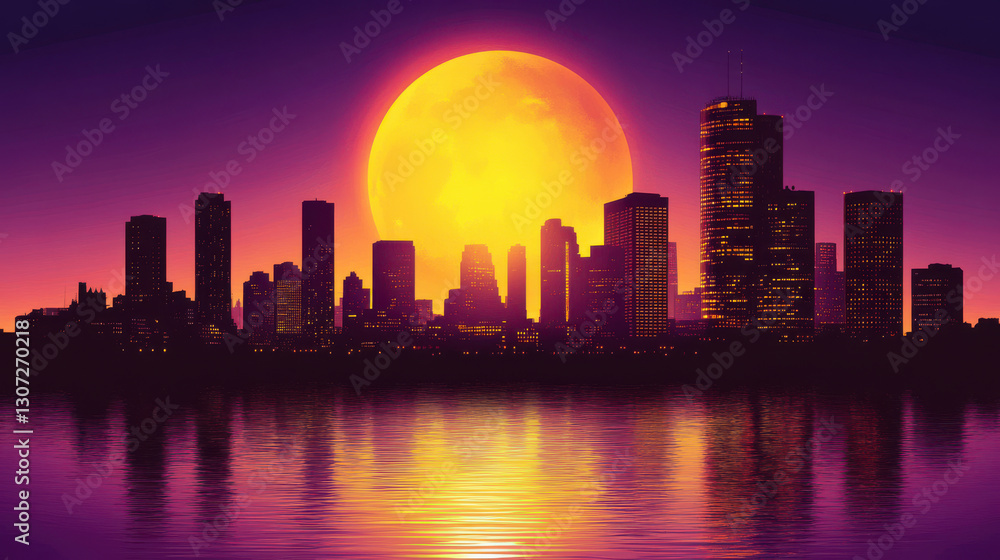 Synthwave Cityscape Sunset with Yellow Moon and Water Reflection Synthwave Cityscape Sunset with Yellow Moon and Water Reflection