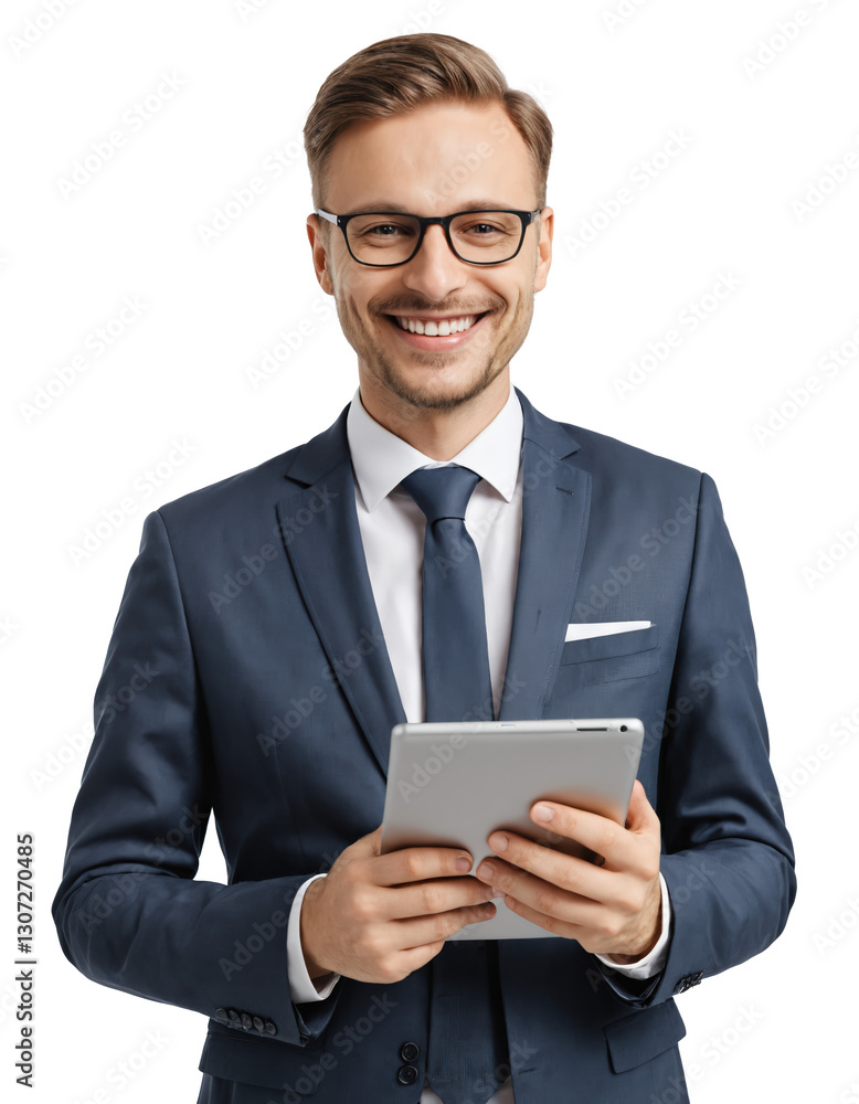 A young businessman with tablet computer, isolated on transparent background. Business concept. A young businessman with tablet computer, isolated on transparent background. Business concept.