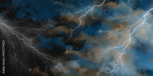 Lightning strikes in sky. Strong thunder storm in black clouds. Fork lightning striking down during summer storm. Marble texture, decorative dark stone. Blue neon.


