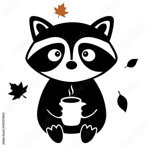 Adorable Raccoon Holding Coffee with Autumn Leaves - Black Silhouette Vector