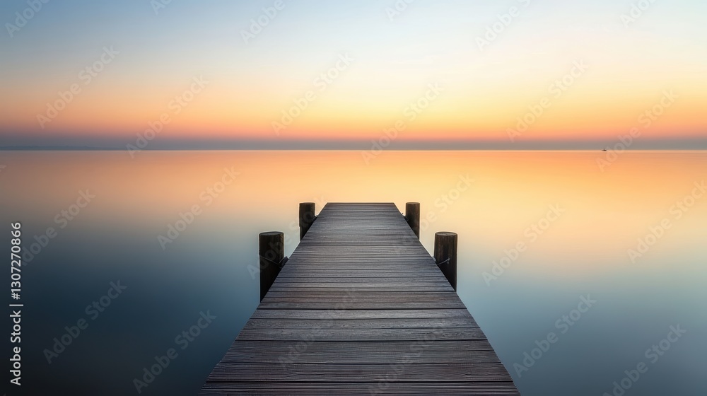 Obraz premium Serene Sunset Reflection Over Calm Water with Wooden Dock Leading to Tranquil Horizon and Soft Pastel Colors in the Sky at Dusk