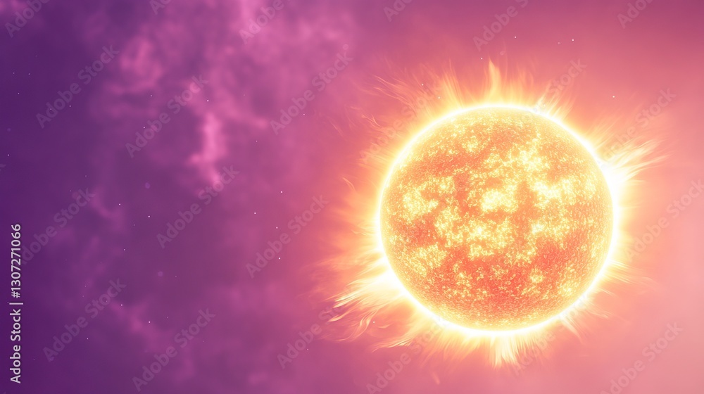 Obraz premium sun, macro, violet solid background, warm sun glowing brightly with soft purple tones, gentle transition between light and dark.