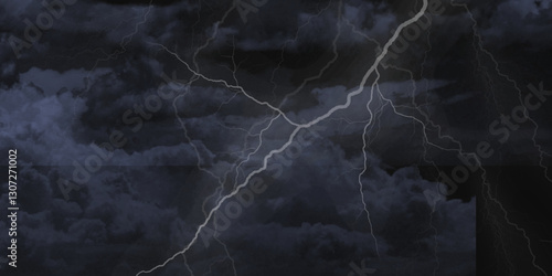 Lightning strikes in sky. Strong thunder storm in black clouds. Fork lightning striking down during summer storm. Marble texture, decorative dark stone. Blue neon.


