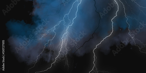 Lightning strikes in sky. Strong thunder storm in black clouds. Fork lightning striking down during summer storm. Marble texture, decorative dark stone. Blue neon.


