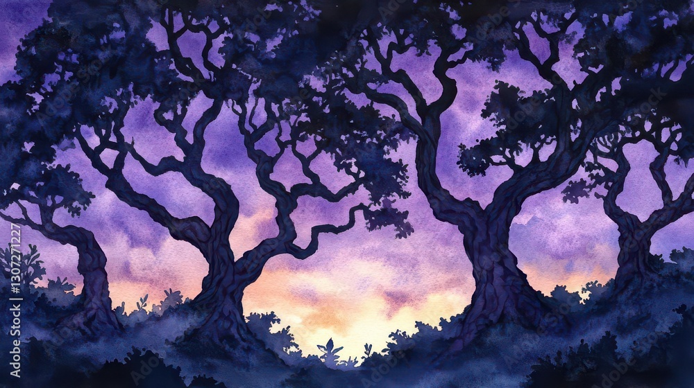 Illustrate a mystical forest scene at dusk, with towering, ancient trees silhouetted against a deep purple sky, creating an atmosphere of enchantment in watercolor Illustrate a mystical forest scene at dusk, with towering, ancient trees silhouetted against a deep purple sky, creating an atmosphere of enchantment in watercolor