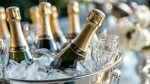 Chilled champagne bottles in silver bucket with ice and glasses