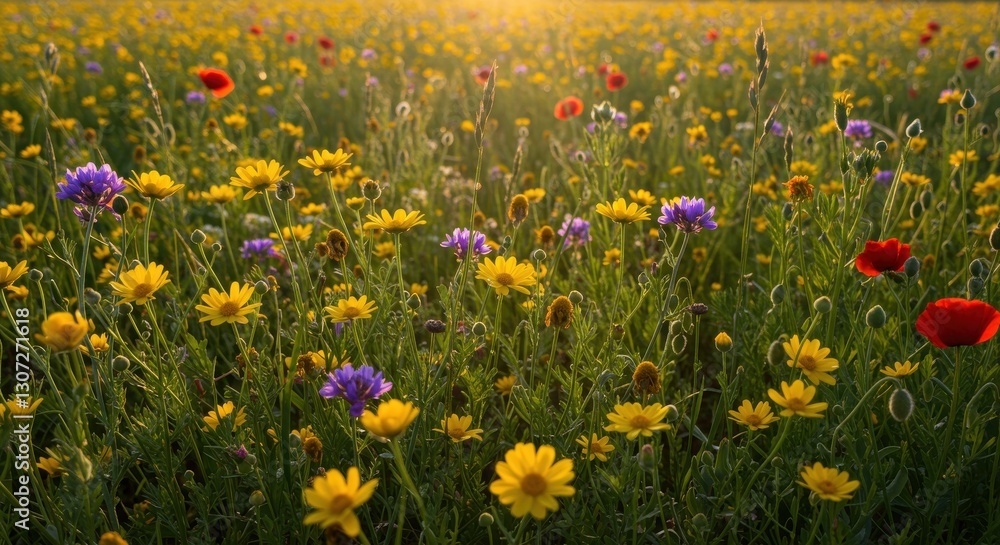 Fototapeta premium Vibrant wildflower field at sunset with diverse blooms and soft sunlight
