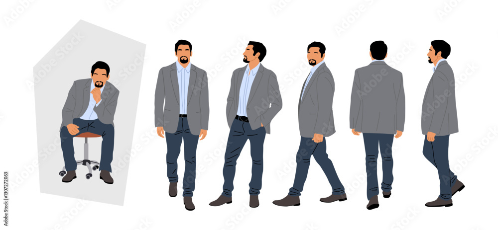 Set of Businessman character in different poses. Handsome man with beard in smart casual clothes standing, walking, sitting, front, back, side view. Vector illustrations isolated Set of Businessman character in different poses. Handsome man with beard in smart casual clothes standing, walking, sitting, front, back, side view. Vector illustrations isolated