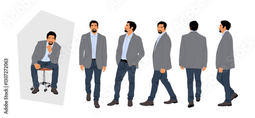Set of Businessman character in different poses. Handsome man with beard in smart casual clothes standing, walking, sitting, front, back, side view. Vector illustrations isolated