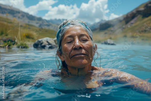 Wallpaper Mural An elderly woman enjoys a serene moment soaking in a clear mountain lake, surrounded by stunning landscapes and fluffy clouds. Her peaceful expression reflects a deep connection with nature Torontodigital.ca