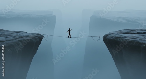 high stakes balancing act, tightrope walker, deep chasm, misty atmosphere, dramatic landscape, daring feat, silhouette figure, precarious journey, vast gap between cliffs, foggy abyss, courage, risk-t