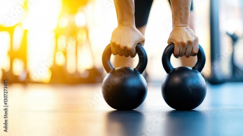 Obraz na płótnie Hands Lifting Two Heavy Black Kettlebells