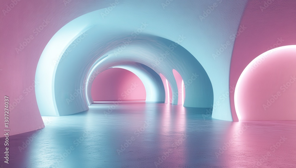Futuristic abstract interior design with glowing arches in soft pink and blue colors in a modern architectural space Futuristic abstract interior design with glowing arches in soft pink and blue colors in a modern architectural space