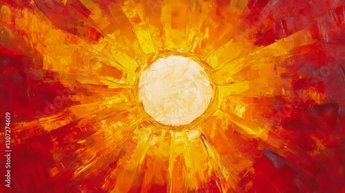 sun, top view, red solid background, powerful, blazing sun with intense yellow and orange rays reaching out in all directions.