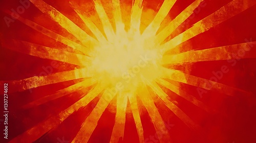 sun, top view, red solid background, powerful, blazing sun with intense yellow and orange rays reaching out in all directions.