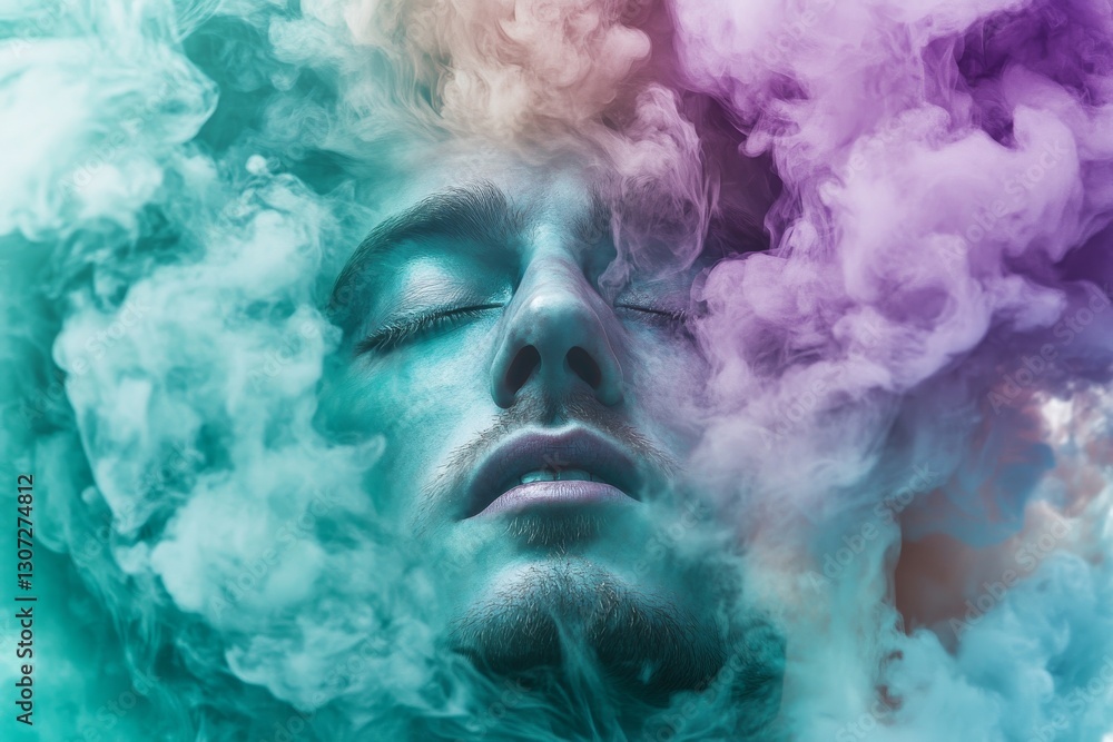 Dreamlike face emerging through colorful smoke clouds Dreamlike face emerging through colorful smoke clouds