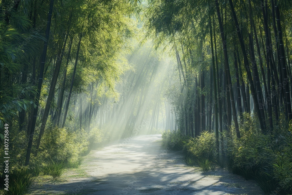 Fototapeta premium Sunlight filters through tall bamboo trees in a peaceful forest pathway