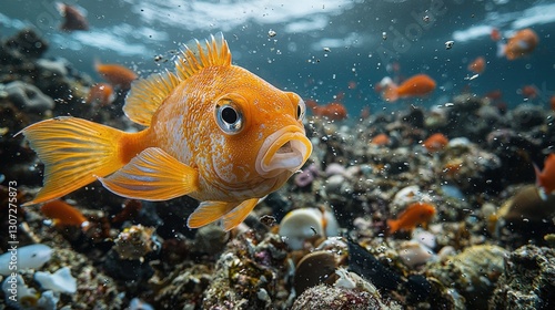 Orange Fish Close Up. Sea Life. Underwater Scene. Reef Habitat. Swimming Animal. Marine Wildlife. Tropical Waters. Ocean Ecosystem. Bubbles in Water. Coral Reef Scenery. photo