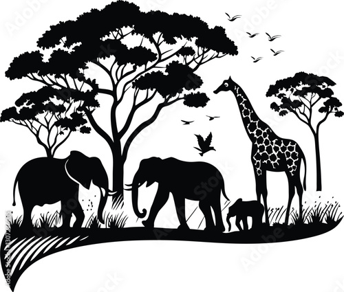 Giraffe in the savannah, Landscape silhouette vector.