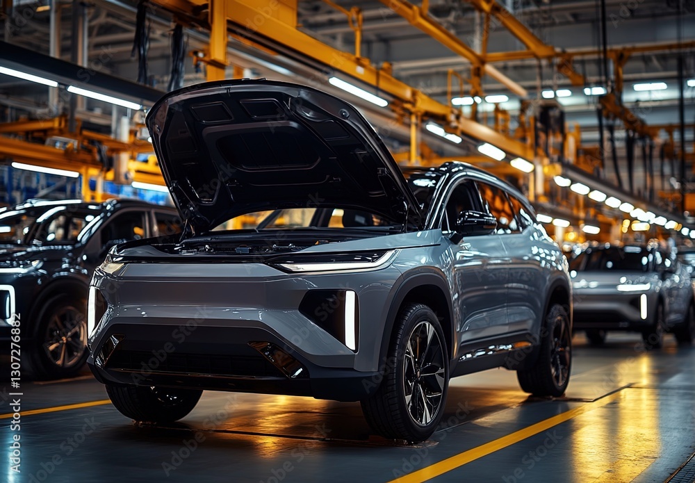 A car factory with cars on the assembly line, the first vehicle has its hood open for leather upholstery. A car factory with cars on the assembly line, the first vehicle has its hood open for leather upholstery.