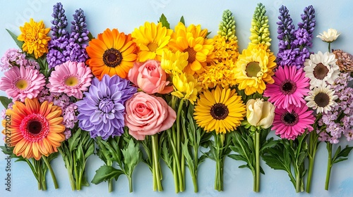 Colorful flower arrangement on blue background; spring floral design for greeting cards