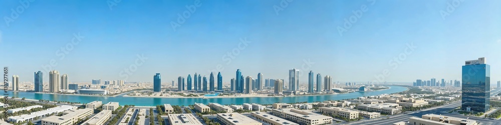 Panoramic view of Abu Dhabi's modern skyline under a clear blue sky Panoramic view of Abu Dhabi's modern skyline under a clear blue sky