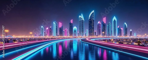 Futuristic skyline of Riyadh glowing with vibrant neon lights
