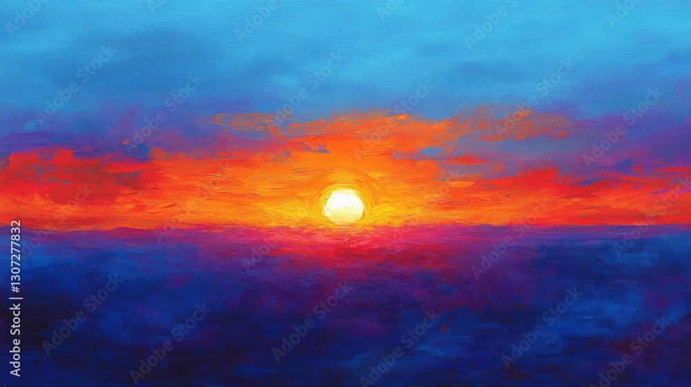 Fototapeta premium sunset, top view, indigo solid background, brilliant sun setting in a rich, deep blue sky, intense oranges and purples blending across the horizon.
