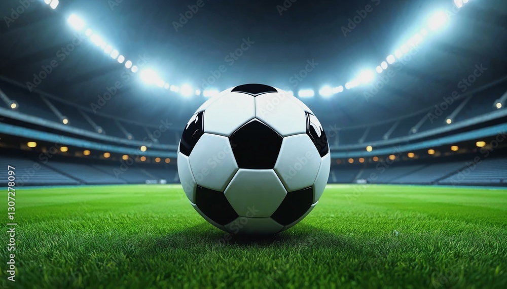 Obraz premium Photorealistic soccer ball on a pristine green field in an empty stadium