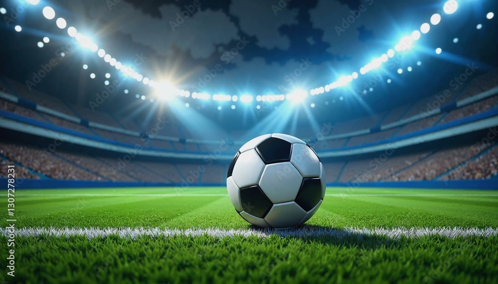 Fototapeta premium Soccer game kickoff with spotlight on the ball in a vibrant stadium