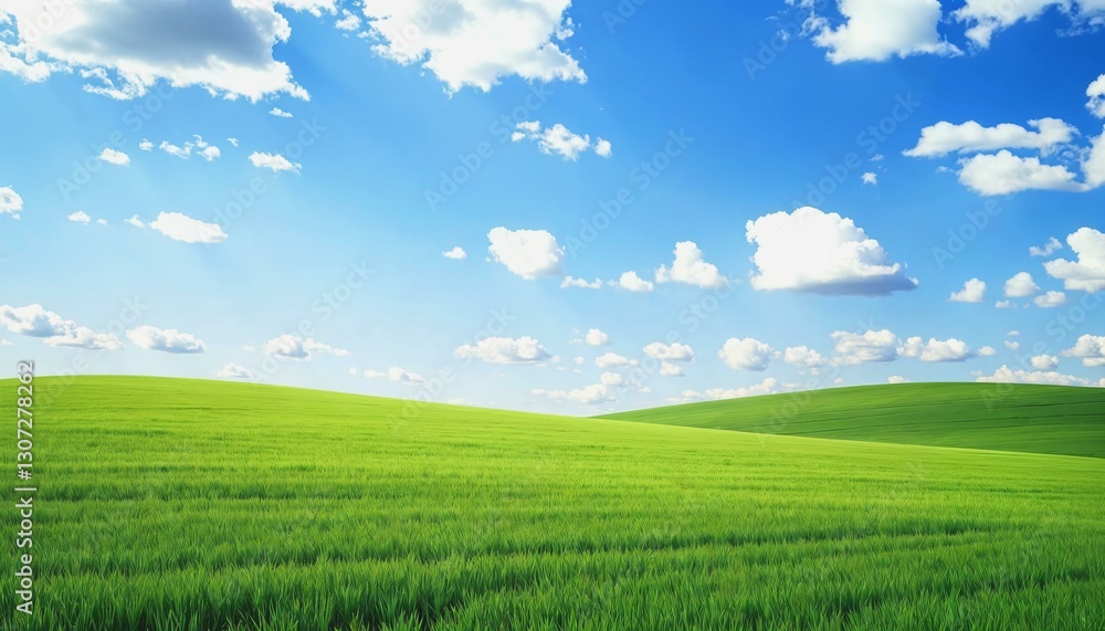 Vast green field under a bright blue sky with scattered clouds Vast green field under a bright blue sky with scattered clouds