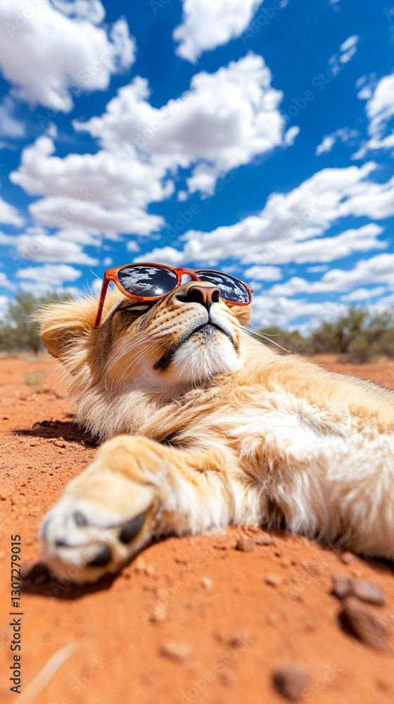 Naklejka premium Relaxed Lion Cub in Sunglasses Lying on Desert Ground Under a Bright Blue Sky with Fluffy Clouds