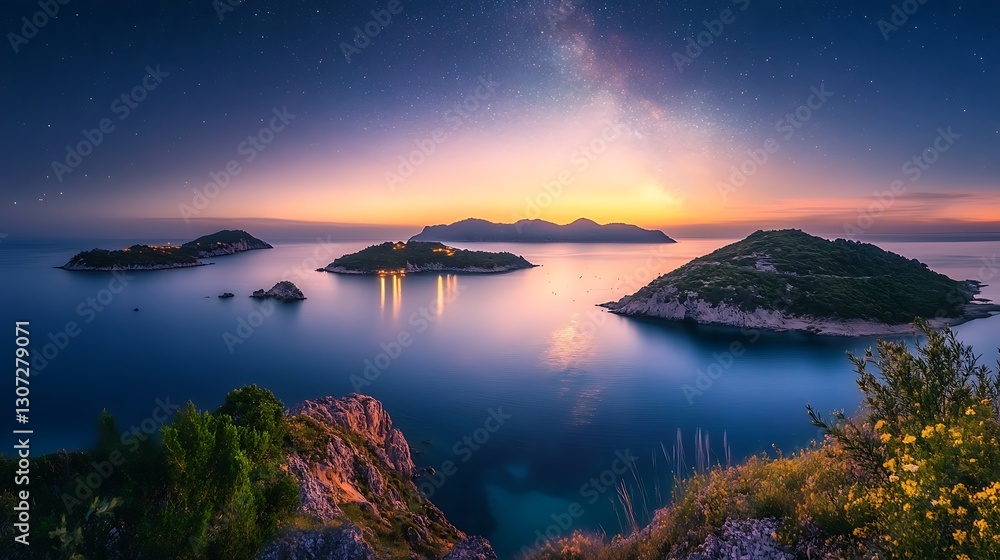 Fototapeta premium Islands reflecting lights under a beautiful twilight starry night sky