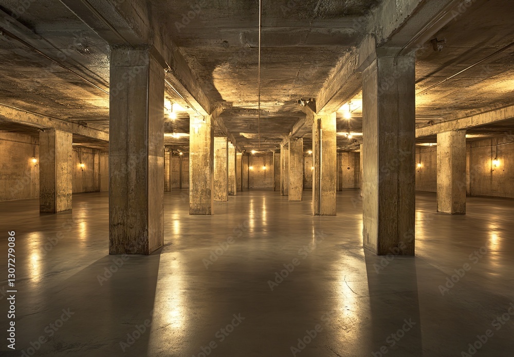 Naklejka premium An empty underground parking lot with dimly lit lights, creating an eerie and mysterious atmosphere.