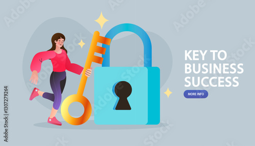 business success concept with a young woman holding a giant golden key next to a blue padlock. 
key to success metaphor, motivation, and opportunity in business. Modern vector illustration
