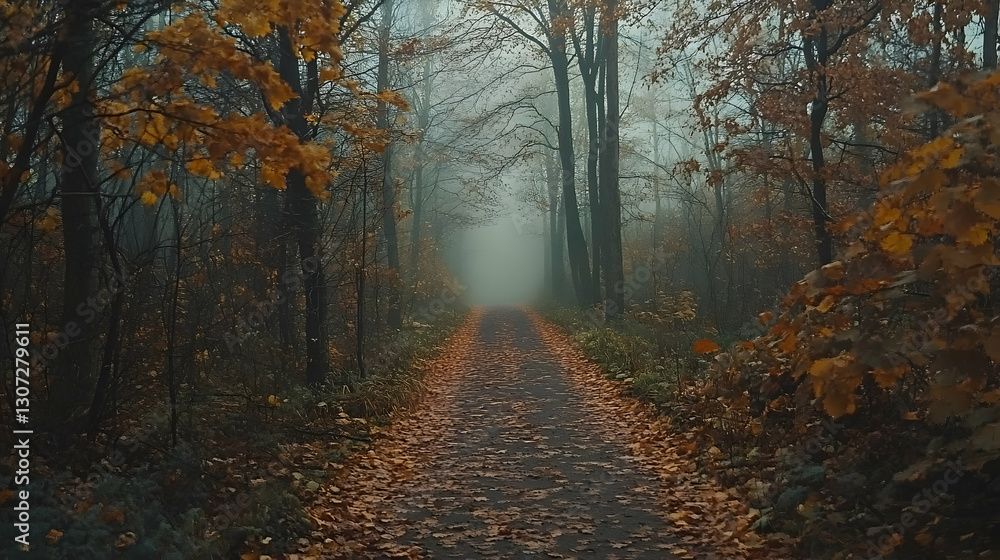 Obraz premium Enchanting autumn forest trail with a veil of mist, inviting exploration and serenity