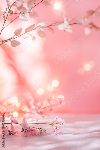 pink communion background with copy space with white flowers and rosary