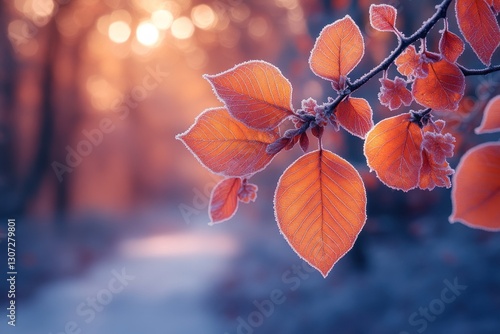 Frozen autumn leaves in forest at sunrise photo