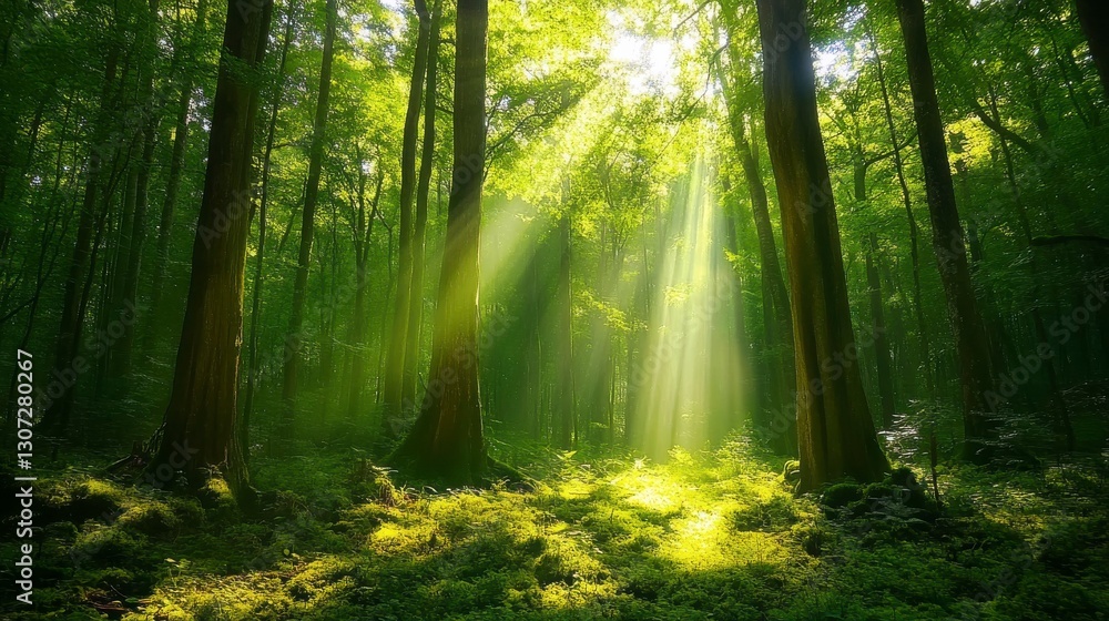 Obraz premium Sunlit Green Forest with Dappled Light and Tall Trees