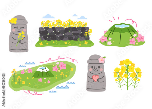 Spring in Jeju Island. Rape flower fields, beautiful spring island scenery, and Dolhareubang statues decorated with flowers.