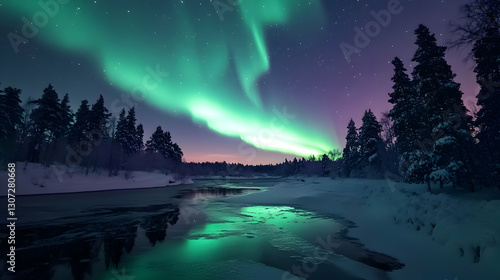 Wallpaper Mural Majestic Aurora Borealis Display Over a Tranquil Winter Landscape, a nature phenomenon Torontodigital.ca