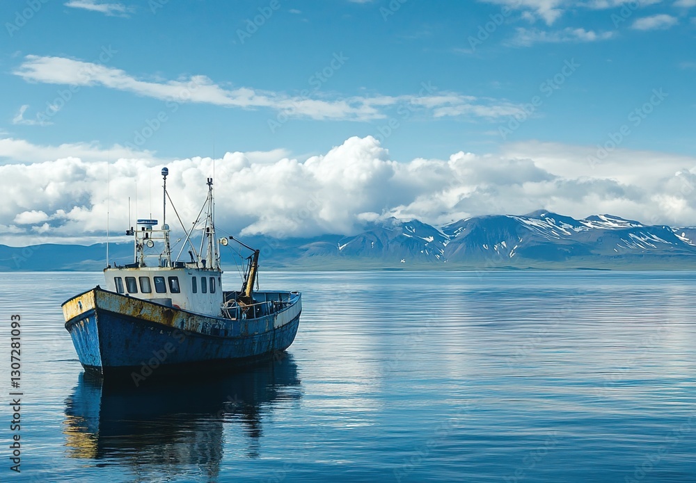 Photo of an Icelandic fishing boat on the water in Iceland, with a beautiful blue sky and white clouds. Photo of an Icelandic fishing boat on the water in Iceland, with a beautiful blue sky and white clouds.