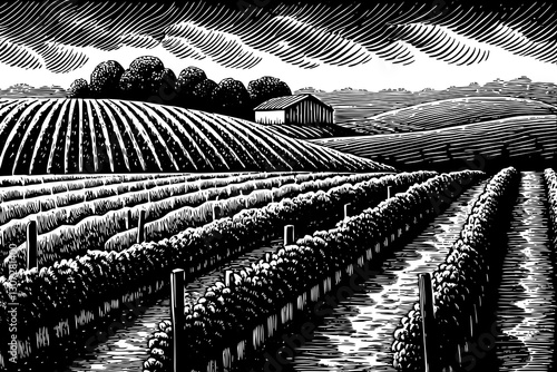 vineyard farm field black and white hand drawn sketch