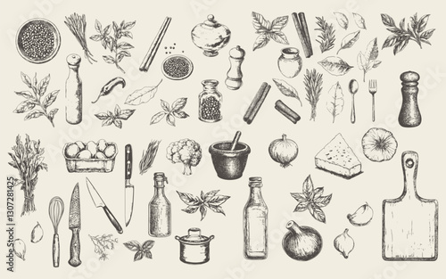 Elegant culinary sketch showcasing an array of fresh herbs and essential kitchen ingredients