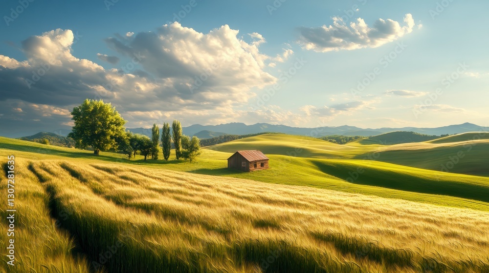 Obraz premium Sunlit Rustic Shack in Golden Wheat Field and Rolling Green Hills